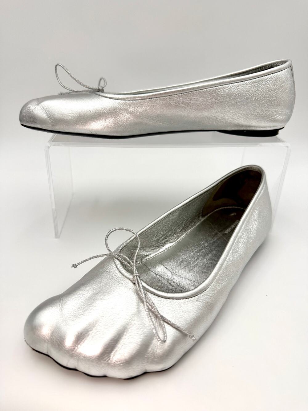 Balenciaga Fetish Ballet Flats Silver Leather Size 38.5 / 8.5 Bow Toe Shoes